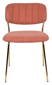 Vorderansicht eines modernen Stuhls mit rosafarbenem Stoffbezug und goldenen Metallbeinen.