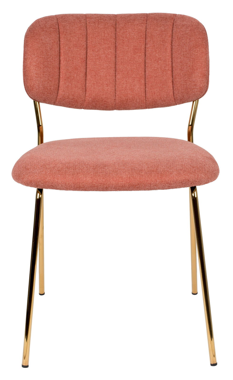 Vorderansicht eines modernen Stuhls mit rosafarbenem Stoffbezug und goldenen Metallbeinen.