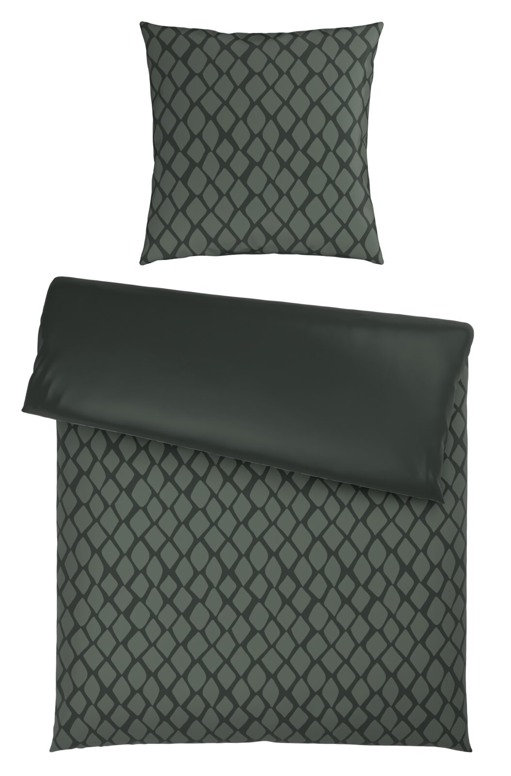 Dieter Knoll Wendebettwäsche Wendebettwäsche-Set in dunklem Grün mit geometrischem Muster, bestehend aus einem Kissenbezug und einem Bettdeckenbezug, aus der Vogelperspektive.