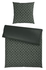 Wendebettwäsche-Set in dunklem Grün mit geometrischem Muster, bestehend aus einem Kissenbezug und einem Bettdeckenbezug, aus der Vogelperspektive.