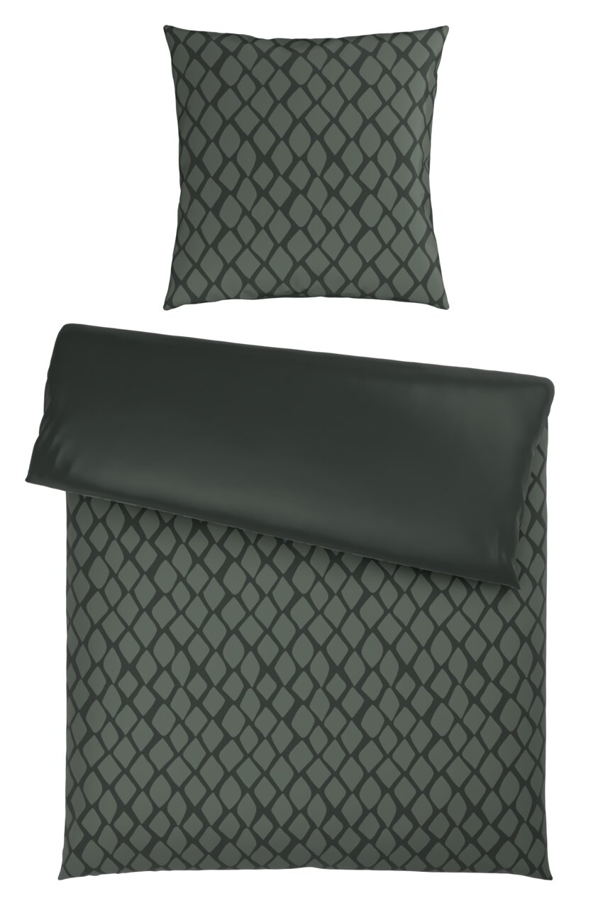 Wendebettwäsche-Set in dunklem Grün mit geometrischem Muster, bestehend aus einem Kissenbezug und einem Bettdeckenbezug, aus der Vogelperspektive.