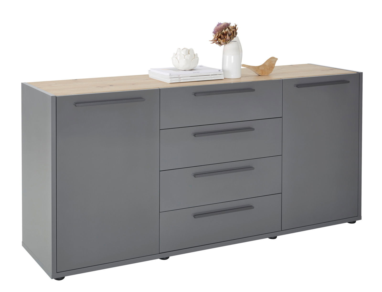 Graues Sideboard mit Holzplatte, zwei Türen und vier Schubladen, dekoriert mit einer Vase und Büchern, seitliche Perspektive
