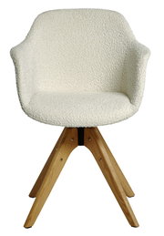 Moderner Stuhl mit cremefarbenem Bouclé-Stoff und Holzbeinen, Frontalansicht