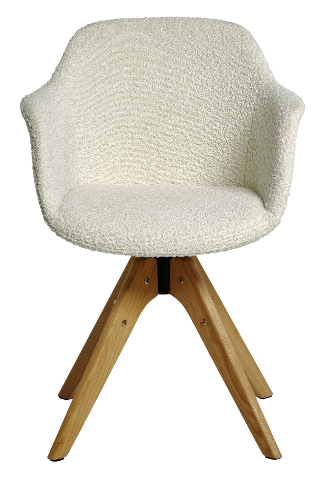 Moderner Stuhl mit cremefarbenem Bouclé-Stoff und Holzbeinen, Frontalansicht