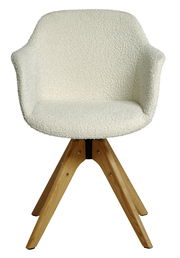 Moderner Stuhl mit cremefarbenem Bouclé-Stoff und Holzbeinen, Frontalansicht