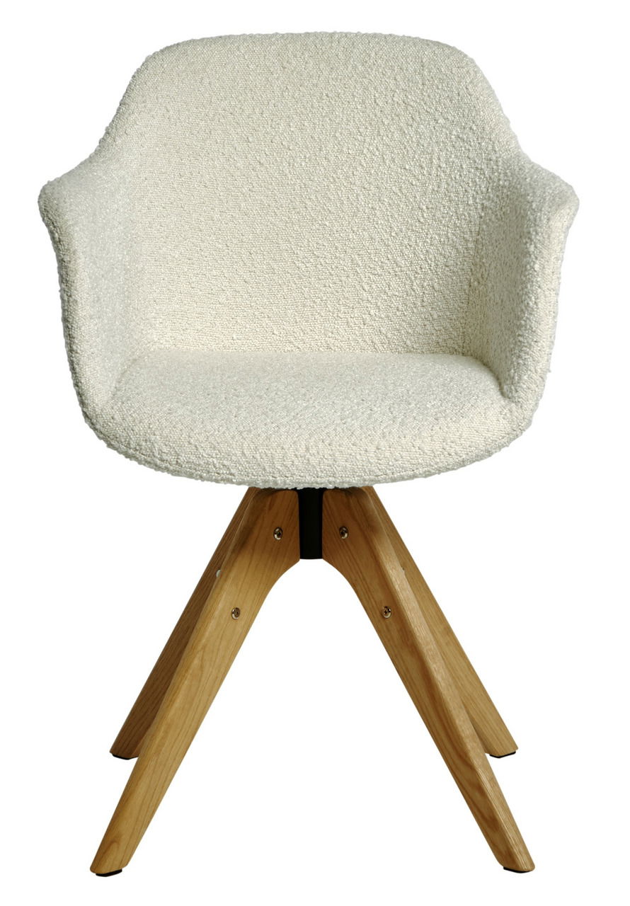 Moderner Stuhl mit cremefarbenem Bouclé-Stoff und Holzbeinen, Frontalansicht