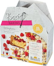 Verpackung einer Springform mit 18 cm Durchmesser, abgebildet mit einem gebackenen Kuchen mit Himbeeren und Mandeln, Perspektive von vorne leicht schräg.