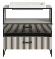 Moderner Waschtisch mit Waschbecken, Frontansicht, mit zwei Schubladen und offenem Regal, vertikale Streifenoptik.