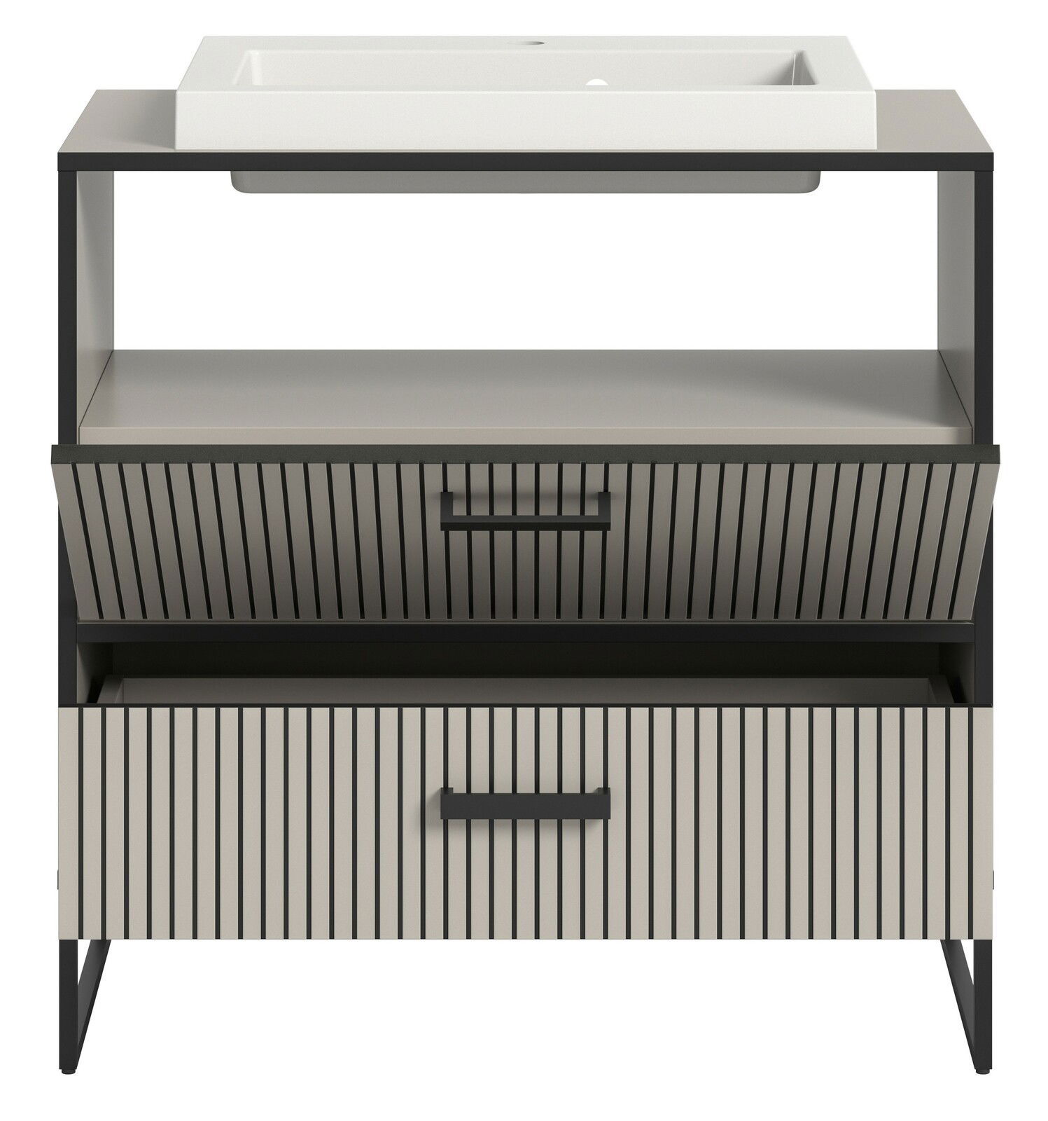 Moderner Waschtisch mit Waschbecken, Frontansicht, mit zwei Schubladen und offenem Regal, vertikale Streifenoptik.