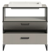 Moderner Waschtisch mit Waschbecken, Frontansicht, mit zwei Schubladen und offenem Regal, vertikale Streifenoptik.