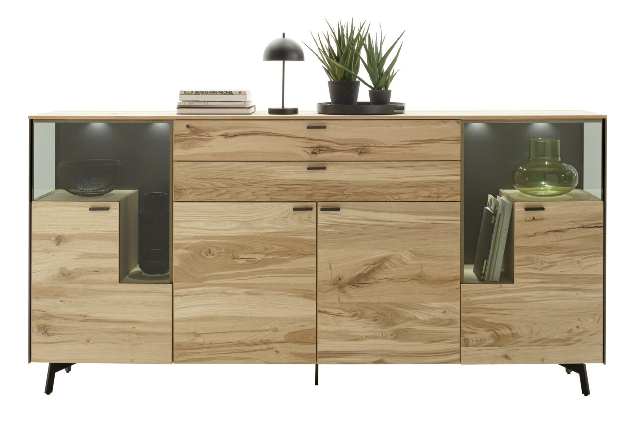 Vooraanzicht van het Schöner Wohnen-dressoir ANDRA van hout met glazen vitrines en decoratieve elementen.