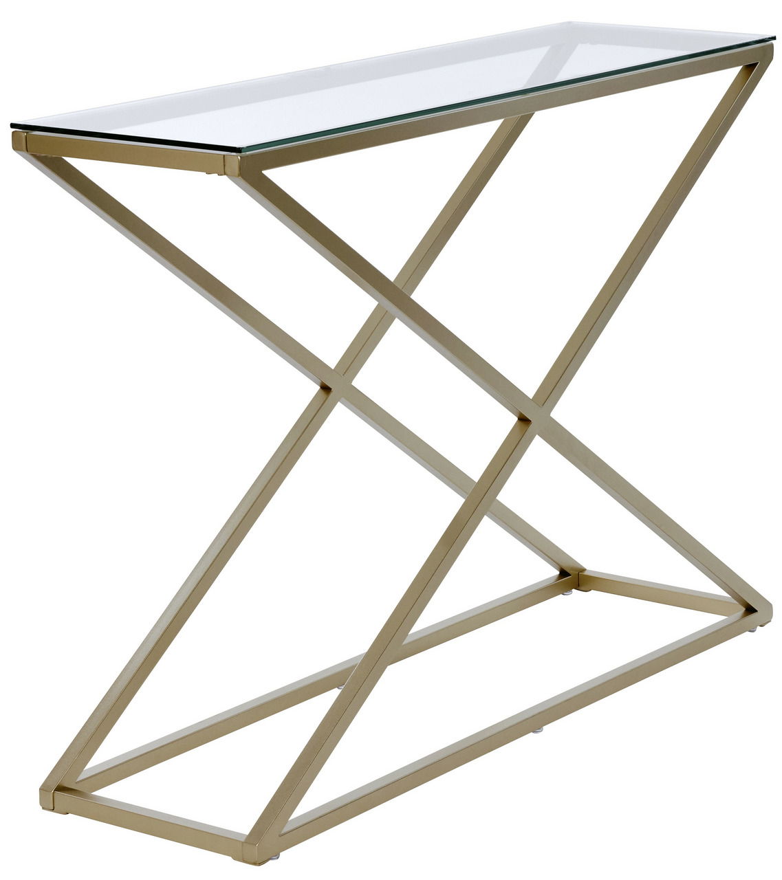 Moderne Konsole mit Glasplatte und goldfarbenem Metallgestell in seitlicher Perspektive.