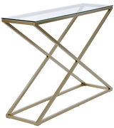 Moderne Konsole mit Glasplatte und goldfarbenem Metallgestell in seitlicher Perspektive.
