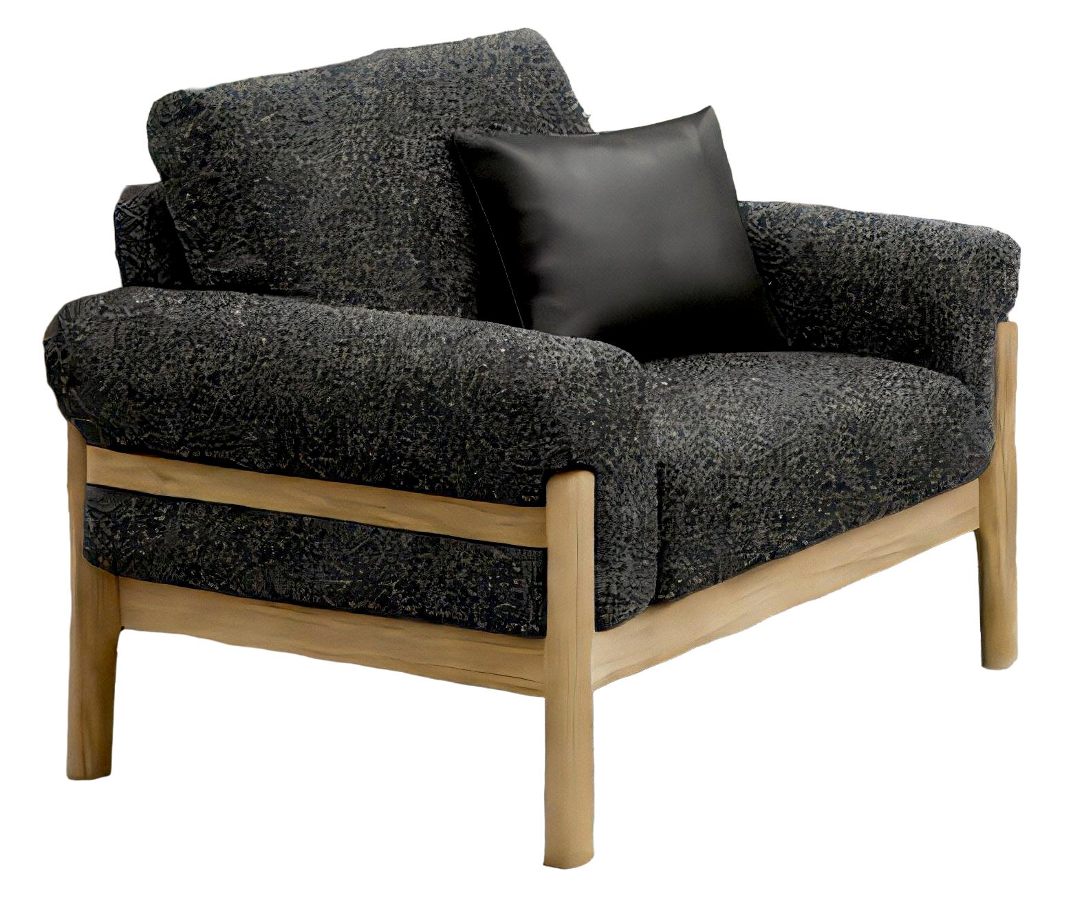 Gepolsterter Lounge-Sessel mit dunkelgrau meliertem Stoffbezug, hellem Holzgestell und schwarzem Kissen, freigestellt in schräger Vorderansicht von links