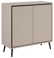 Modernes Sideboard in Beige mit zwei Türen und schwarzen Beinen, seitliche Perspektive