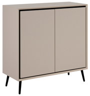 Modernes Sideboard in Beige mit zwei Türen und schwarzen Beinen, seitliche Perspektive