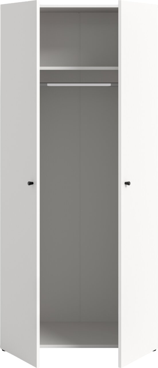 Weißer Kleiderschrank mit zwei geöffneten Türen, Innenraum in Grau mit Ablage und Kleiderstange, frontale Ansicht.