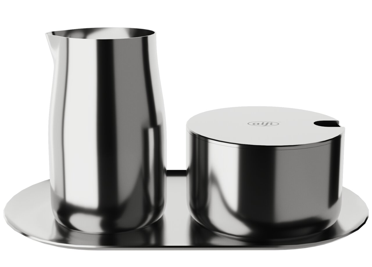 Elegantes Milch- und Zucker-Set aus Edelstahl, bestehend aus einem hohen Krug und einer Zuckerdose mit Deckel, auf einem Tablett. Ansicht von vorne.