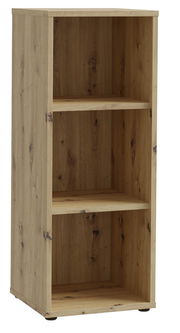 Schmales Regal aus Holz mit drei offenen Fächern, seitliche Perspektive