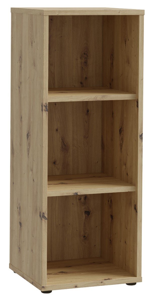 Schmales Regal aus Holz mit drei offenen Fächern, seitliche Perspektive