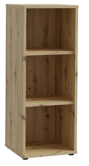 Schmales Regal aus Holz mit drei offenen Fächern, seitliche Perspektive