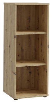 Schmales Regal aus Holz mit drei offenen Fächern, seitliche Perspektive