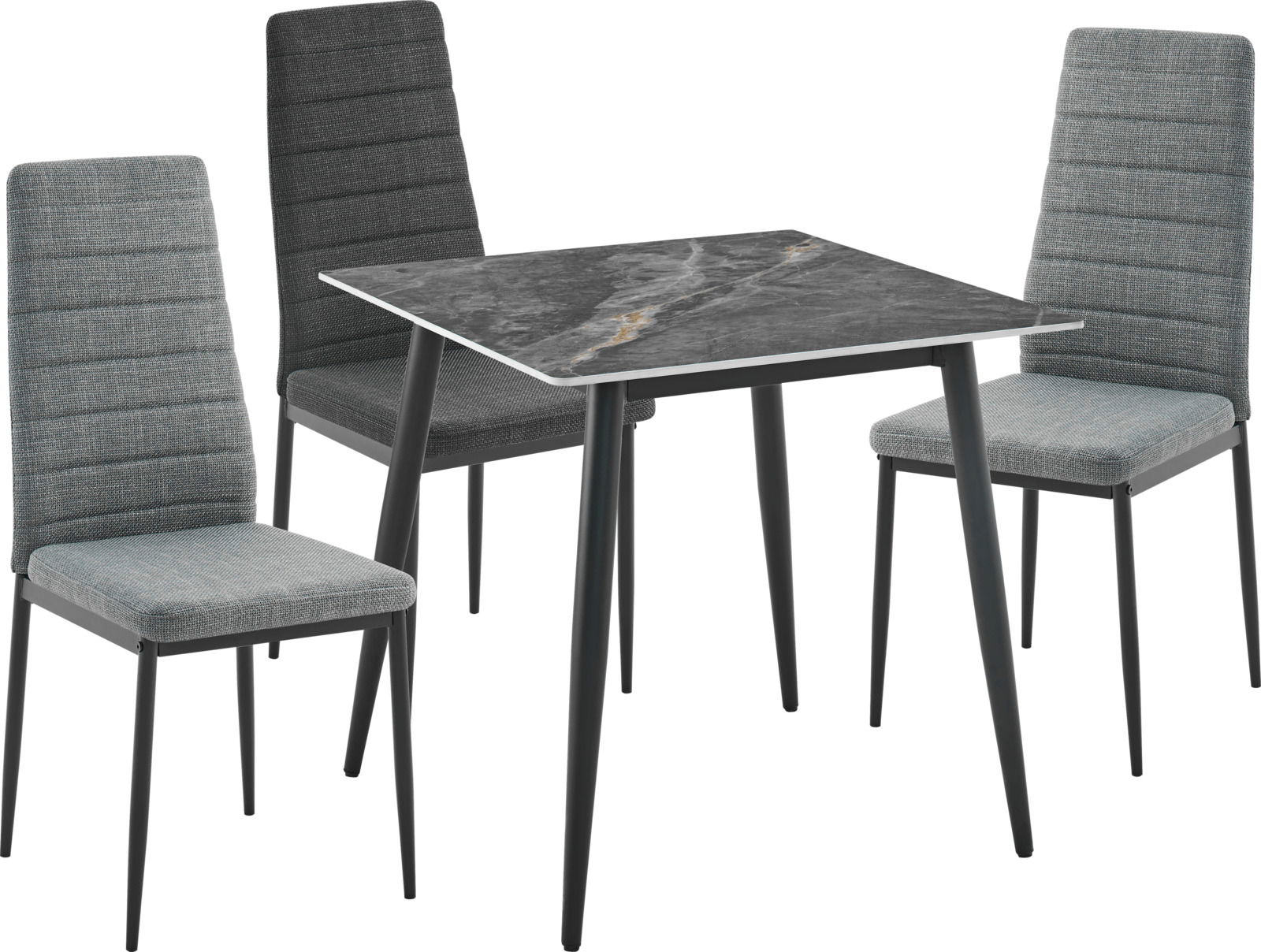 Ti´me Stuhl JANNEK Drei graue Stühle mit gepolsterten Sitzflächen und Rückenlehnen, um einen modernen Tisch mit dunkler Marmoroptik, aus einer leicht erhöhten Perspektive.