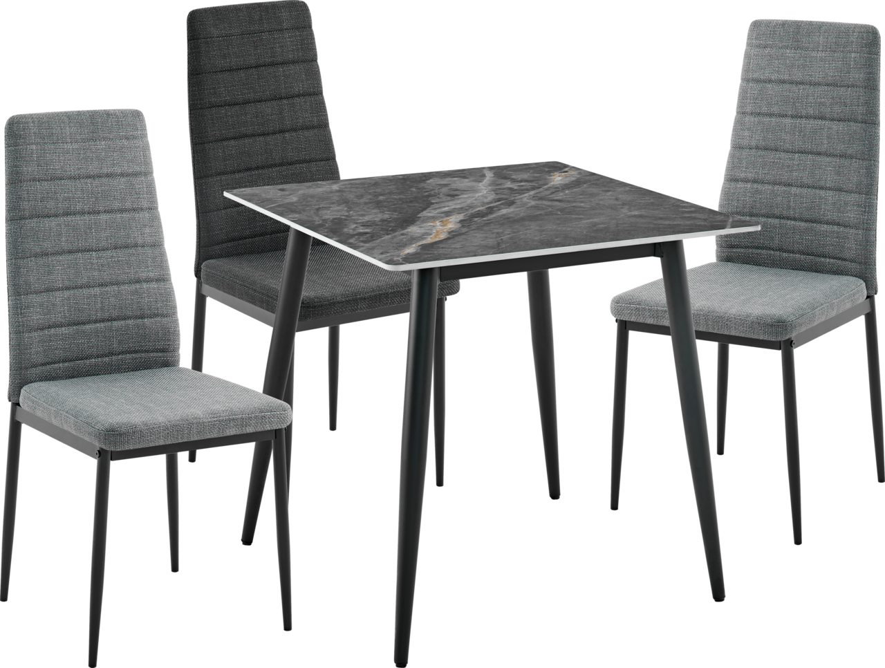Ti´me Stuhl JANNEK Drei graue Stühle mit gepolsterten Sitzflächen und Rückenlehnen, um einen modernen Tisch mit dunkler Marmoroptik, aus einer leicht erhöhten Perspektive.