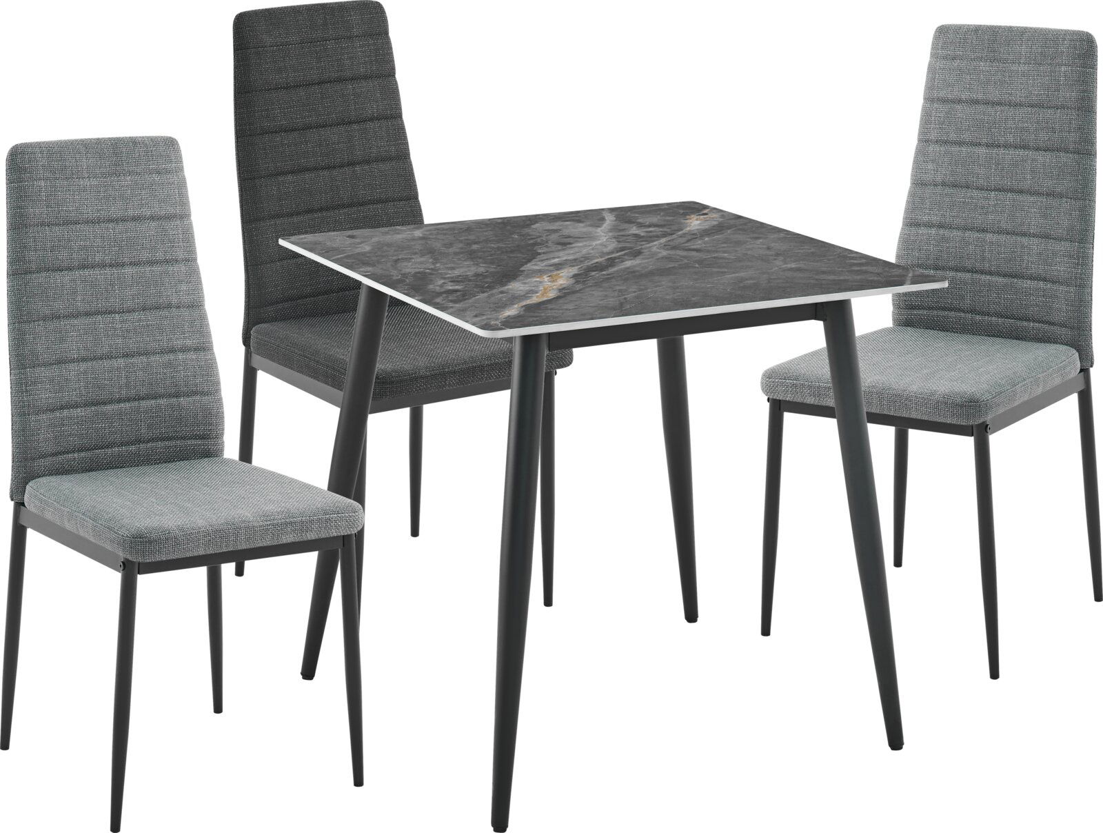 Ti´me Stuhl JANNEK Drei graue Stühle mit gepolsterten Sitzflächen und Rückenlehnen, um einen modernen Tisch mit dunkler Marmoroptik, aus einer leicht erhöhten Perspektive.