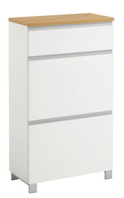 Moderner weißer Schuhschrank mit drei Schubladen und Holzoberfläche, seitliche Perspektive