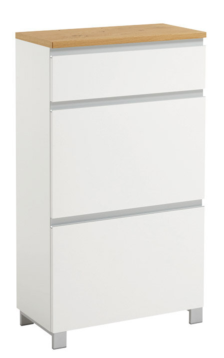 VOSS Schuhschrank SALEA Moderner weißer Schuhschrank mit drei Schubladen und Holzoberfläche, seitliche Perspektive