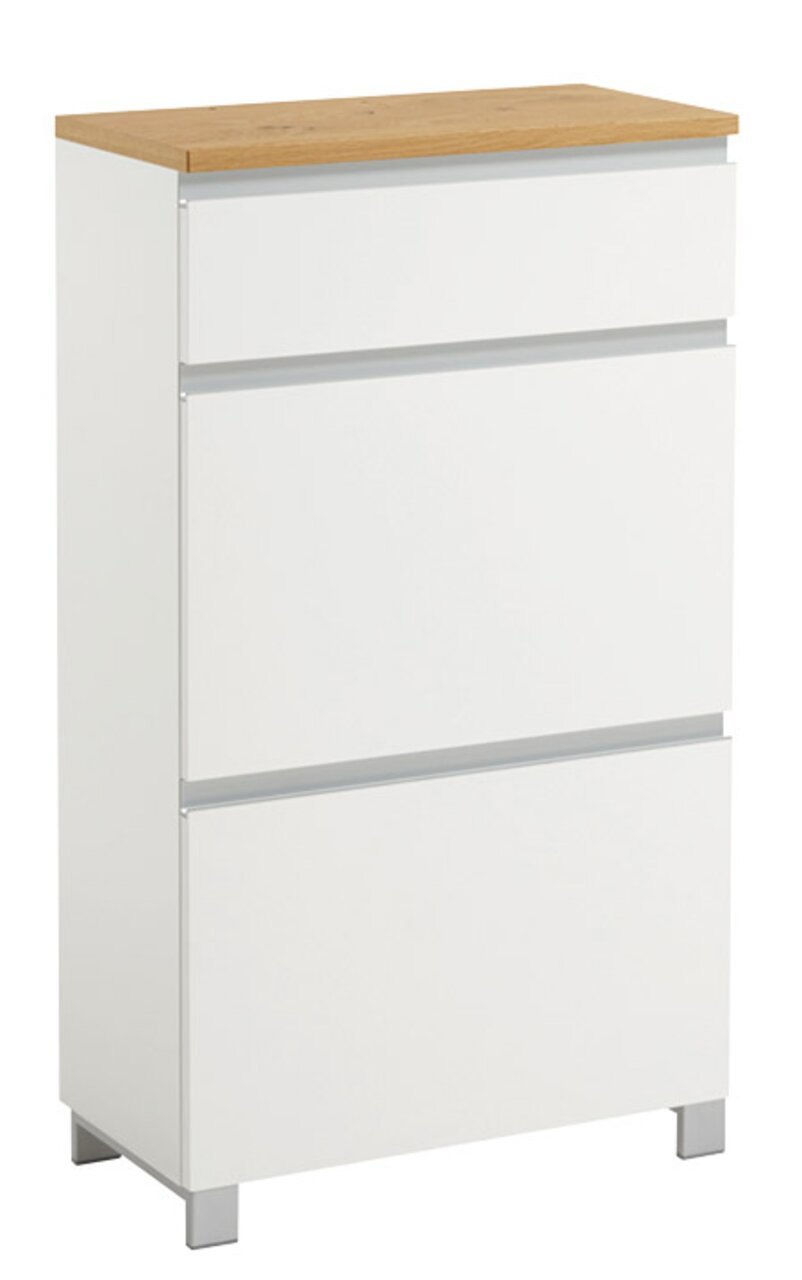 VOSS Schuhschrank SALEA Moderner weißer Schuhschrank mit drei Schubladen und Holzoberfläche, seitliche Perspektive