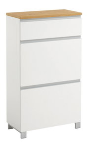 Moderner weißer Schuhschrank mit drei Schubladen und Holzoberfläche, seitliche Perspektive