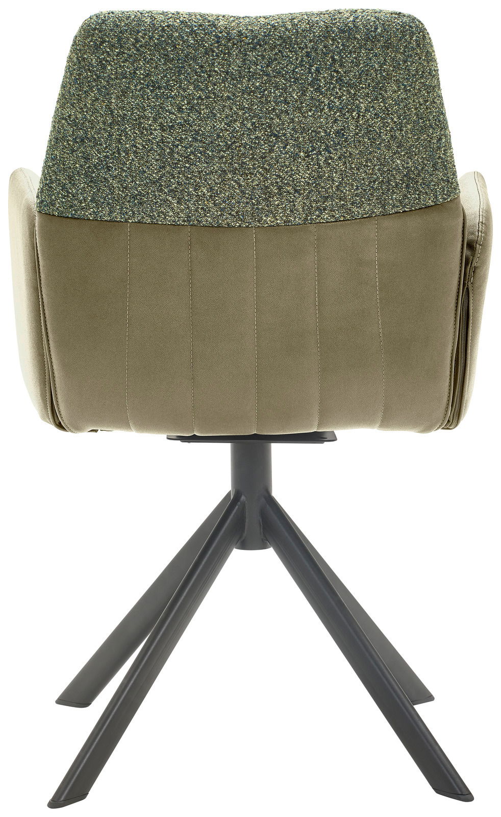 Rückansicht eines Armlehnstuhls mit grünem Stoffbezug und schwarzem Metallgestell