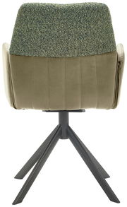 Rückansicht eines Armlehnstuhls mit grünem Stoffbezug und schwarzem Metallgestell