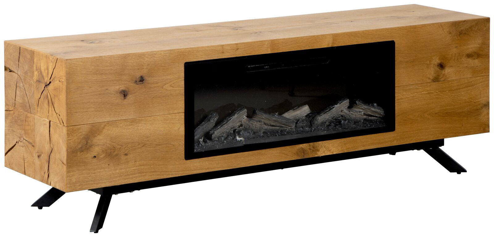Modernes TV-Lowboard aus massivem Holz in Eichenoptik mit integriertem schwarzem Elektrokamin und Metallfüßen, schräg von vorne links fotografiert