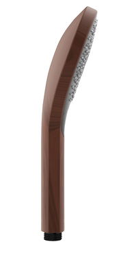 Seitliche Ansicht eines braunen, wassersparenden Duschkopfs mit runder Form und mehreren Düsen.