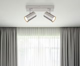 Moderne Deckenstrahler aus gebürstetem Metall mit zwei verstellbaren Leuchten, von unten betrachtet.