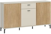 Modernes Sideboard mit Holz- und Cremefarben, zwei Türen und einer Schublade, frontale Perspektive