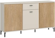 Modern dressoir in hout- en crèmekleuren, met twee deuren en een lade, vooraanzicht
