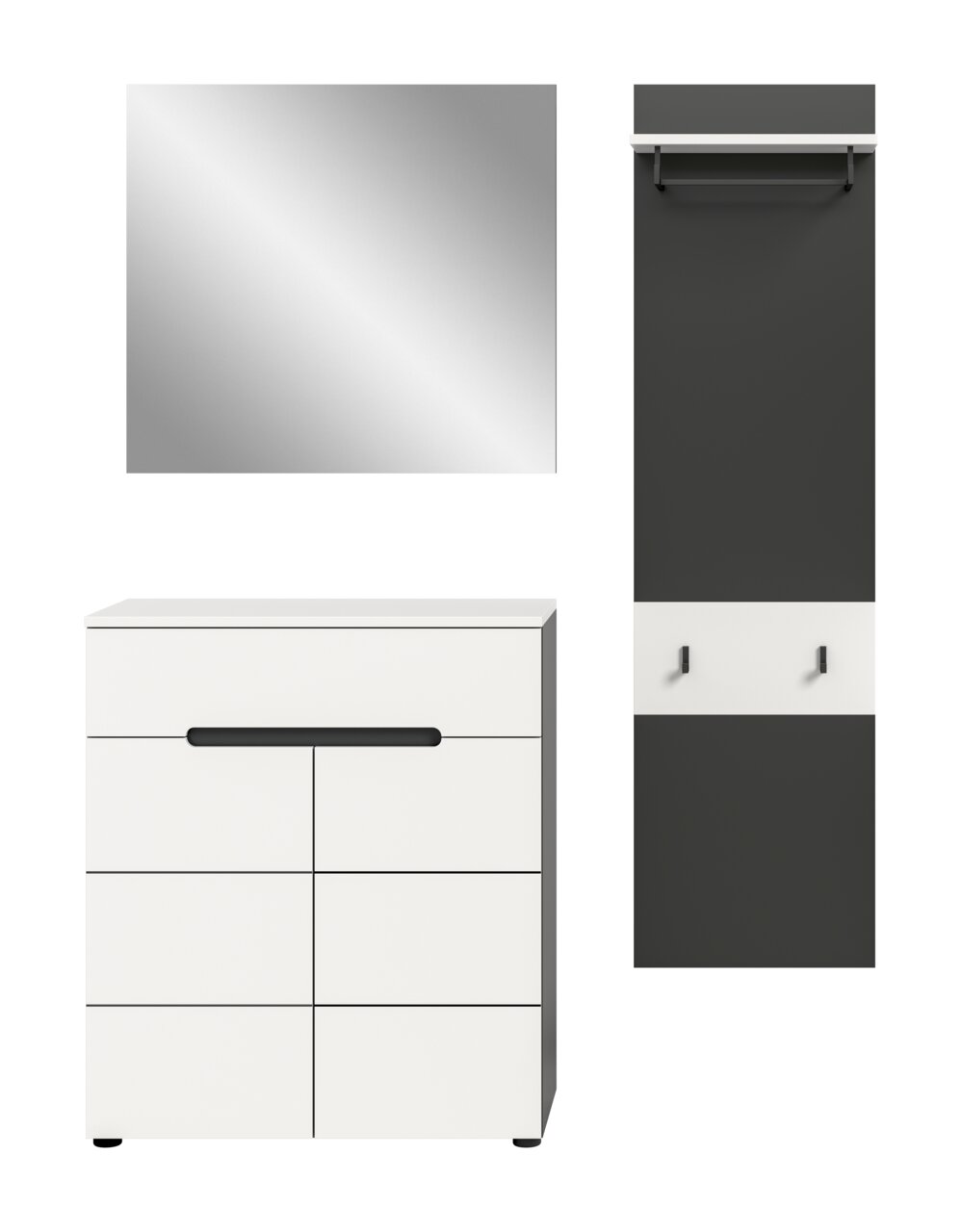 Modernes Badezimmermöbel-Set in Schwarz-Weiß: rechteckiger Spiegel, weißer Waschtischunterschrank mit schwarzen Griffen und hohe schwarze Wandgarderobe mit Ablage, Kleiderstange und Haken, frontale Ansicht.