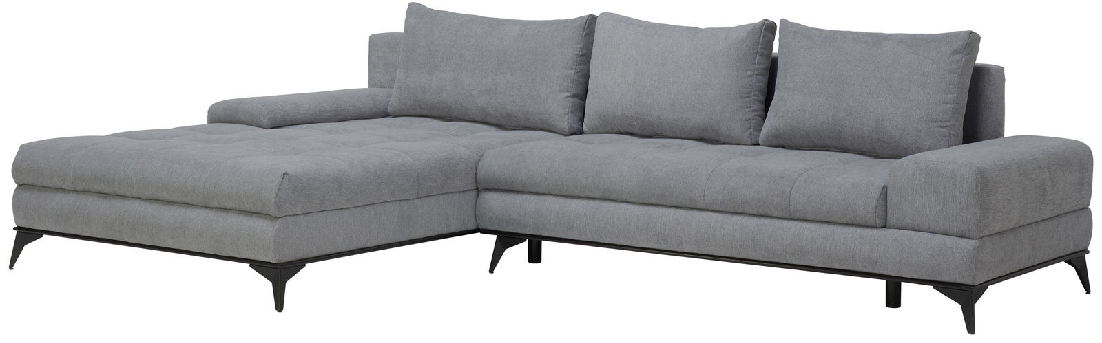 Graues Ecksofa mit moderner, minimalistischer Gestaltung, abgebildet aus einer leicht seitlichen Perspektive.