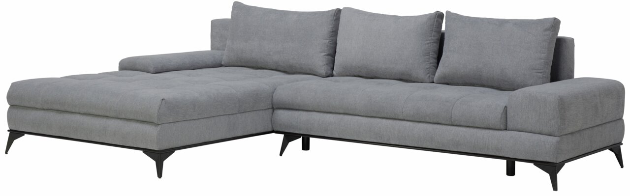 Graues Ecksofa mit moderner, minimalistischer Gestaltung, abgebildet aus einer leicht seitlichen Perspektive.
