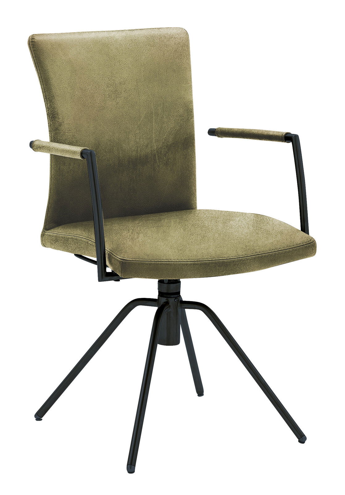 Moderner Sessel mit olivgrünem Stoffbezug und schwarzen Metallbeinen, seitliche Perspektive