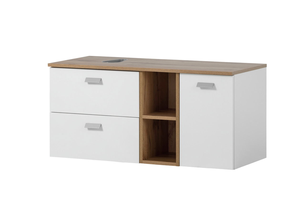 Waschtisch-Set mit zwei weißen Schubladen, einem offenen Regal in Holzoptik und einer weißen Tür, seitliche Perspektive