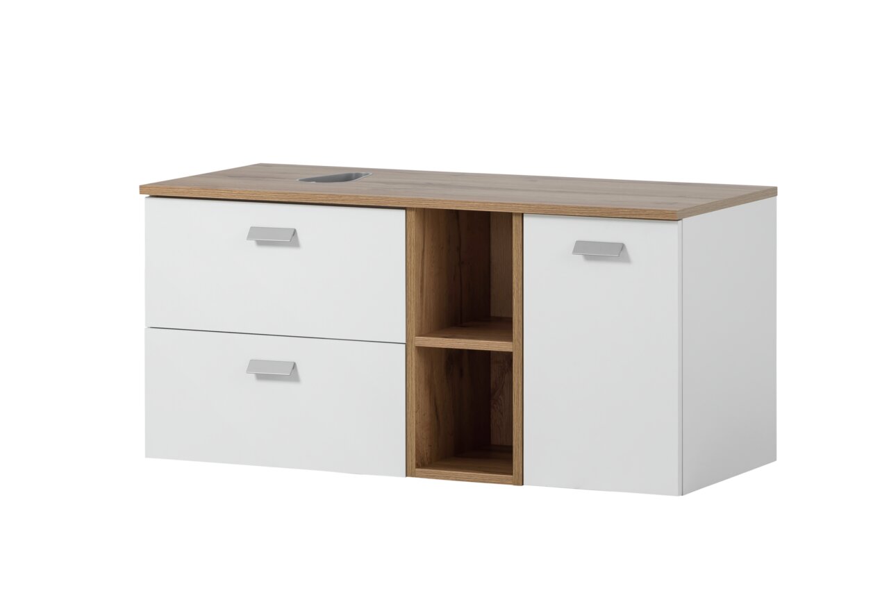 Waschtisch-Set mit zwei weißen Schubladen, einem offenen Regal in Holzoptik und einer weißen Tür, seitliche Perspektive
