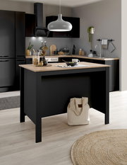 Moderne Kücheninsel in einer stilvollen Küche, frontal betrachtet, mit Holzarbeitsplatte und schwarzem Korpus, dekoriert mit Geschirr und Pflanzen.