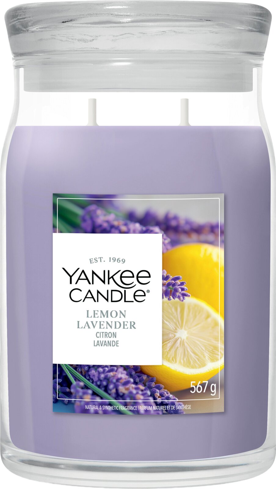 Yankee Candle Lemon Lavender Duftkerze mit lilafarbenem Wachs, zwei Dochten und Glasdeckel im großen 567-g-Glas, frontal vor weißem Hintergrund abgebildet
