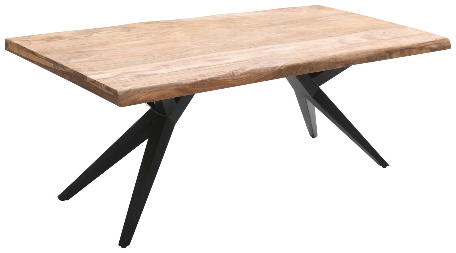 Moderner Esstisch mit massiver Holzplatte und schwarzen Metallbeinen, seitliche Perspektive