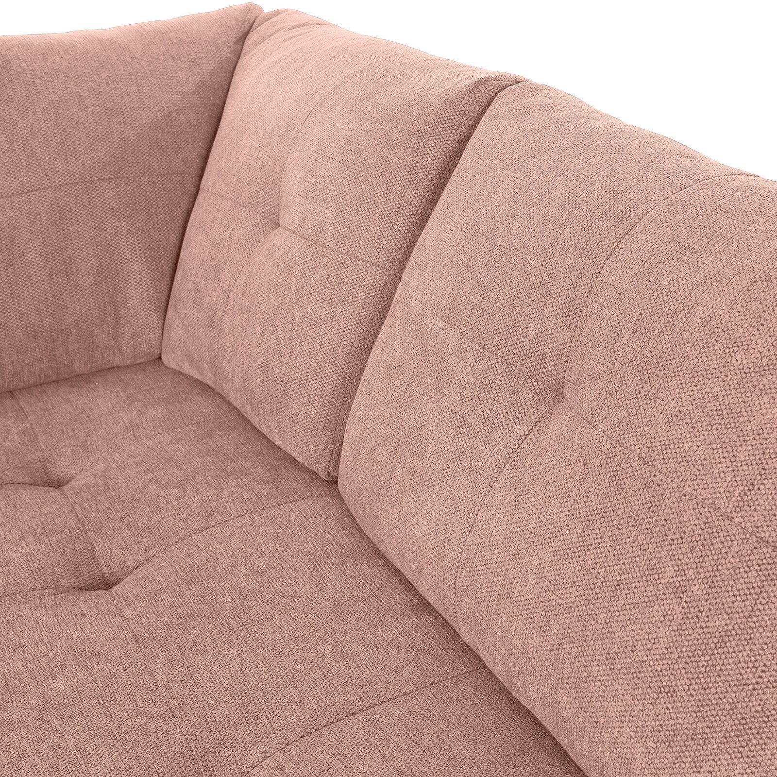 Nahaufnahme einer rosa gepolsterten Sofaecke mit weicher Textur und Steppnähten, Perspektive von oben.